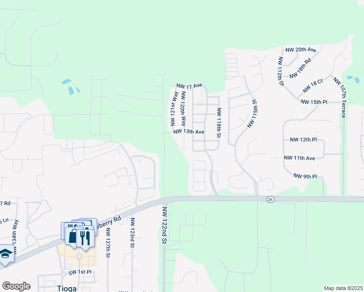 map of restaurants, bars, coffee shops, grocery stores, and more near 1128 Northwest 120th Way in Gainesville