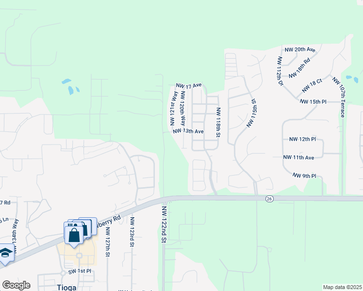 map of restaurants, bars, coffee shops, grocery stores, and more near 1128 Northwest 120th Way in Gainesville
