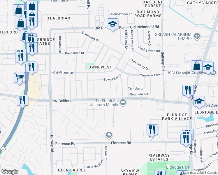 map of restaurants, bars, coffee shops, grocery stores, and more near 10422 Townhall Lane in Sugar Land