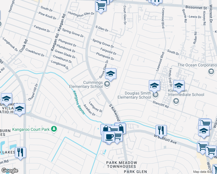map of restaurants, bars, coffee shops, grocery stores, and more near 10455 South Kirkwood Road in Houston