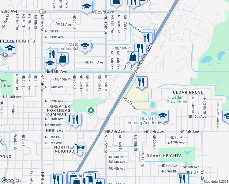 map of restaurants, bars, coffee shops, grocery stores, and more near 1583 NE 13th Ave in Gainesville