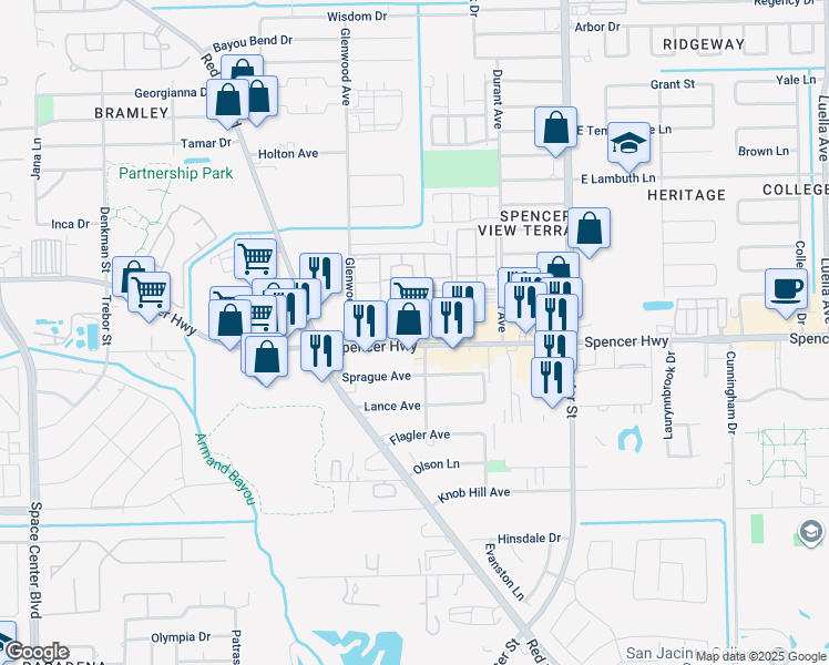 map of restaurants, bars, coffee shops, grocery stores, and more near 7123 Spencer Highway in Pasadena