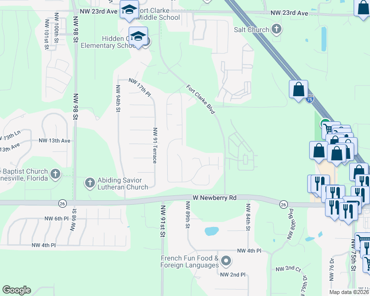 map of restaurants, bars, coffee shops, grocery stores, and more near 1215 Northwest 89th Terrace in Gainesville