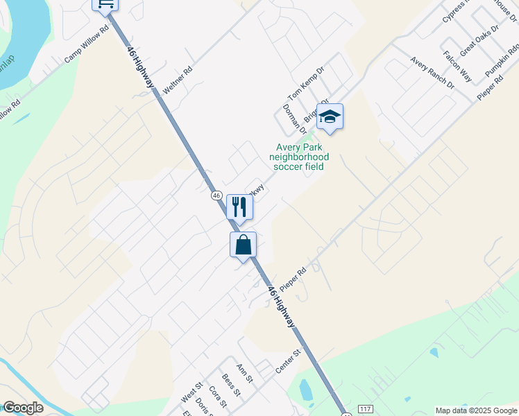 map of restaurants, bars, coffee shops, grocery stores, and more near 2222 Westover Loop in New Braunfels