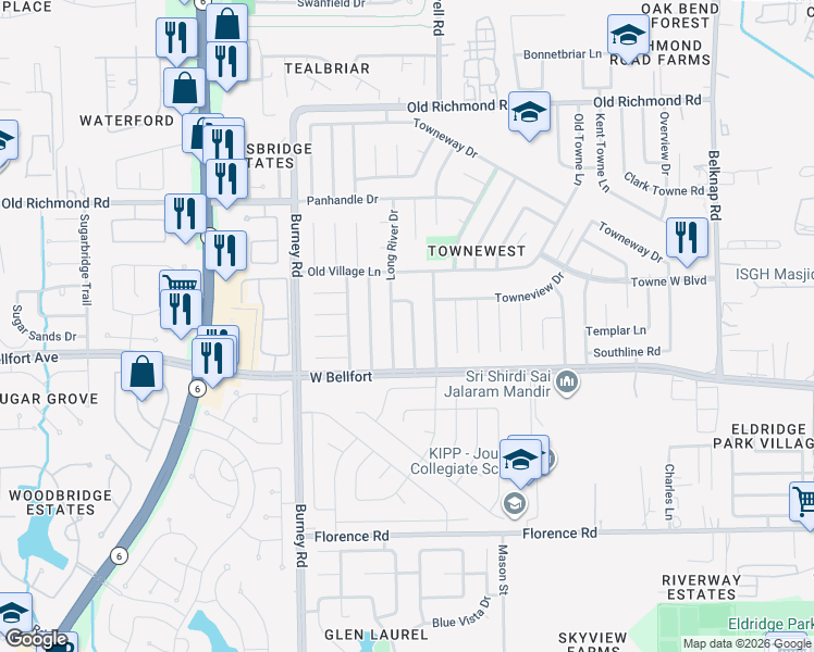 map of restaurants, bars, coffee shops, grocery stores, and more near 10506 Westedge Drive in Sugar Land