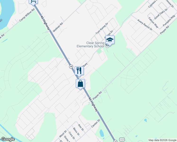map of restaurants, bars, coffee shops, grocery stores, and more near 2222 Westover Loop in New Braunfels