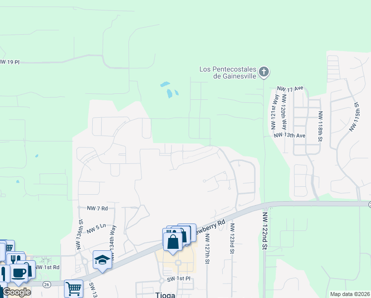 map of restaurants, bars, coffee shops, grocery stores, and more near 1205 Northwest 128th Drive in Newberry