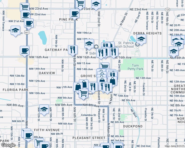 map of restaurants, bars, coffee shops, grocery stores, and more near 302 Northwest 13th Avenue in Gainesville