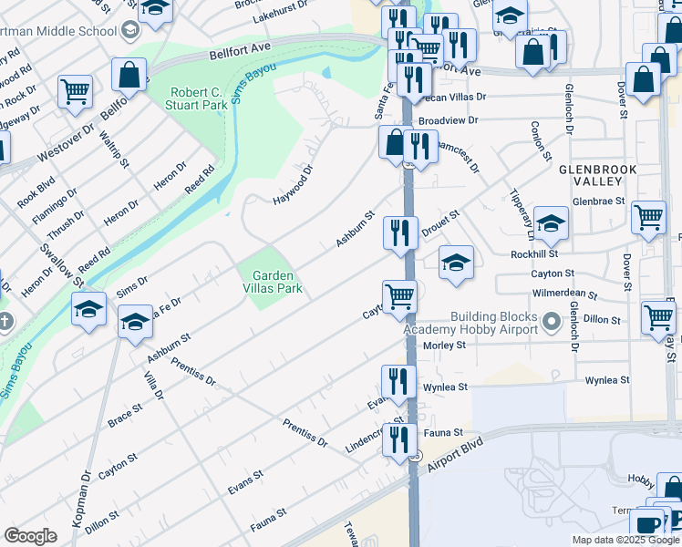 map of restaurants, bars, coffee shops, grocery stores, and more near 7427 Brace St in Houston