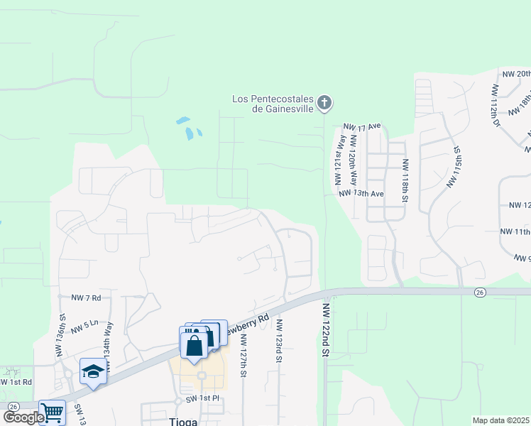 map of restaurants, bars, coffee shops, grocery stores, and more near 1101 Northwest 124th Boulevard in Newberry