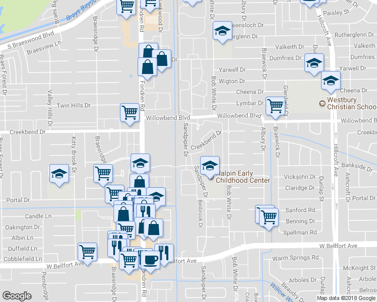 map of restaurants, bars, coffee shops, grocery stores, and more near 10806 Sandpiper Drive in Houston