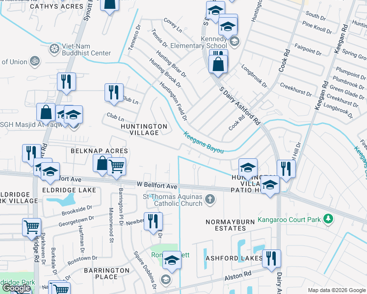 map of restaurants, bars, coffee shops, grocery stores, and more near 10602 Huntington Dale Drive in Houston