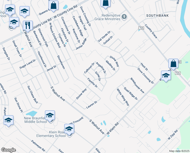 map of restaurants, bars, coffee shops, grocery stores, and more near 2447 Dimmitt Drive in New Braunfels