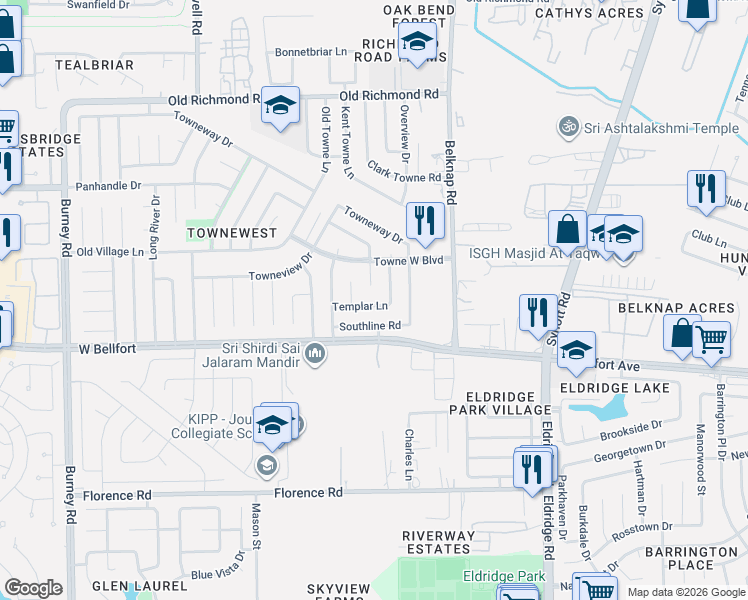 map of restaurants, bars, coffee shops, grocery stores, and more near 13802 Templar Lane in Sugar Land
