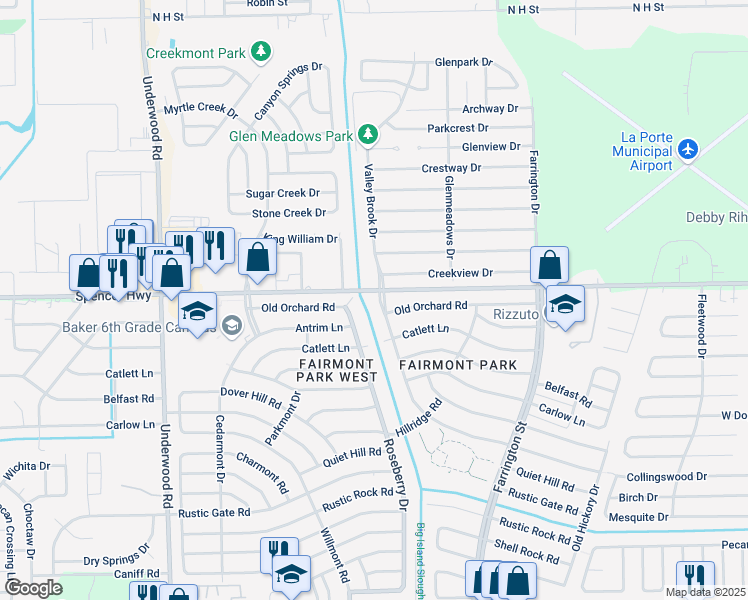 map of restaurants, bars, coffee shops, grocery stores, and more near 3102 Valley Brook Drive in La Porte