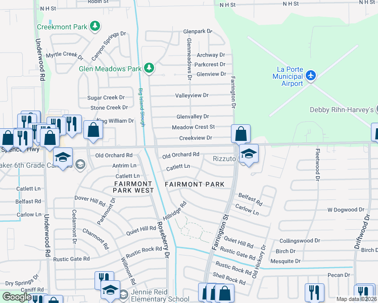 map of restaurants, bars, coffee shops, grocery stores, and more near 10243 Old Orchard Road in La Porte