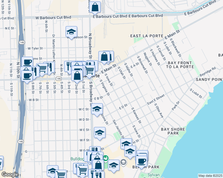 map of restaurants, bars, coffee shops, grocery stores, and more near 415 East B Street in La Porte