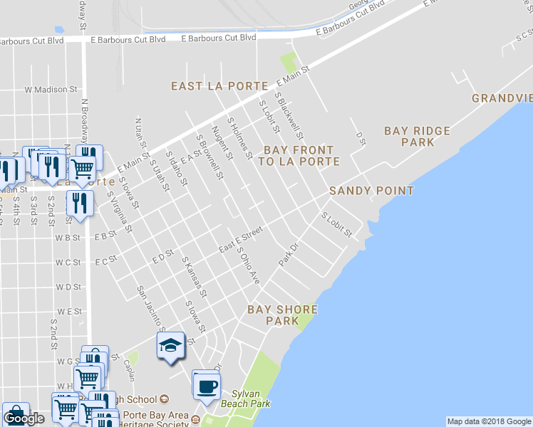 map of restaurants, bars, coffee shops, grocery stores, and more near 523 South Nugent Street in La Porte