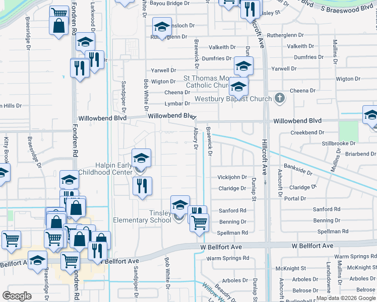 map of restaurants, bars, coffee shops, grocery stores, and more near 6110 Rollingbrook Drive in Houston