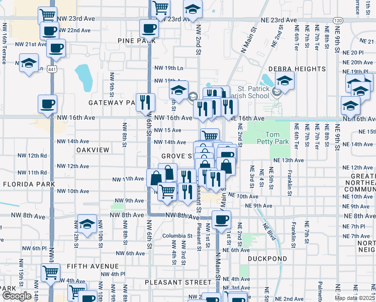 map of restaurants, bars, coffee shops, grocery stores, and more near 224 Northwest 13th Avenue in Gainesville