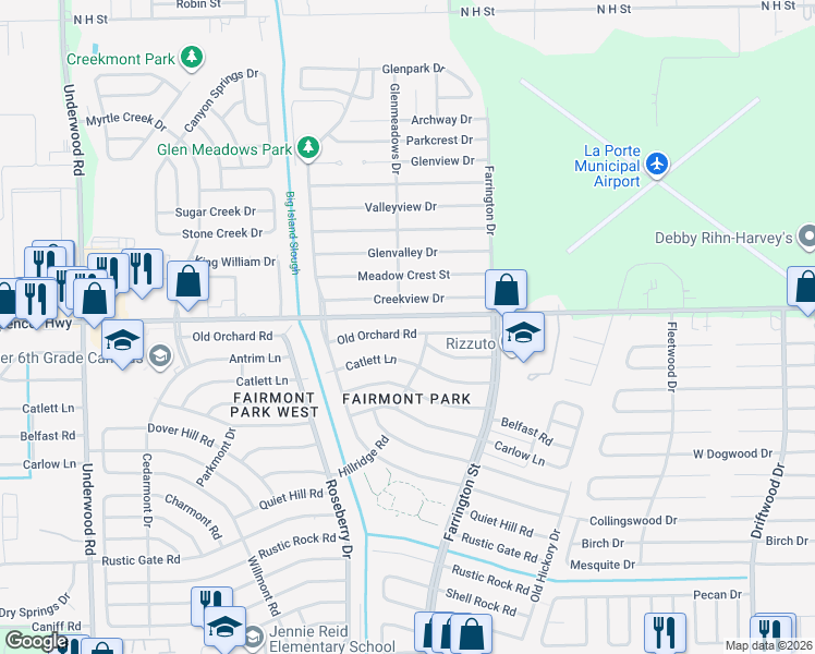 map of restaurants, bars, coffee shops, grocery stores, and more near 10243 Old Orchard Road in La Porte