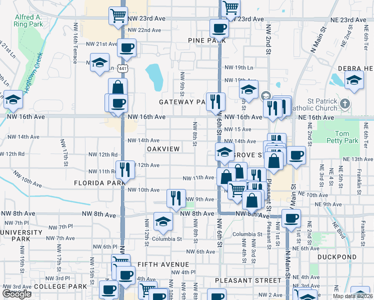 map of restaurants, bars, coffee shops, grocery stores, and more near 816 Northwest 13th Avenue in Gainesville