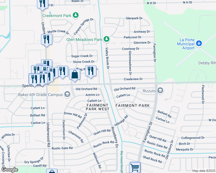 map of restaurants, bars, coffee shops, grocery stores, and more near 3102 Valley Brook Drive in La Porte