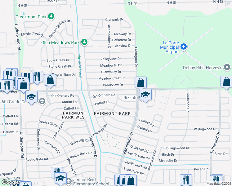 map of restaurants, bars, coffee shops, grocery stores, and more near 10307 Old Orchard Road in La Porte