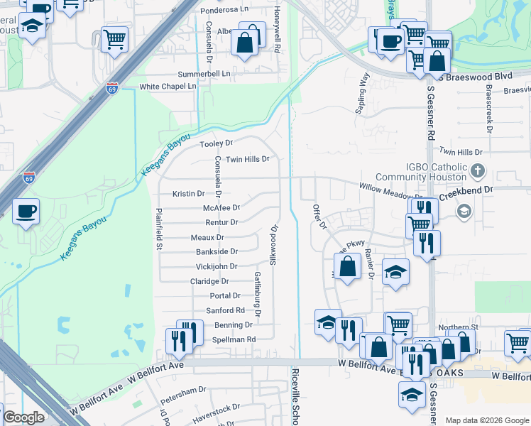 map of restaurants, bars, coffee shops, grocery stores, and more near 9115 Rentur Drive in Houston