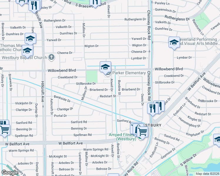 map of restaurants, bars, coffee shops, grocery stores, and more near 5502 Briarbend Drive in Houston