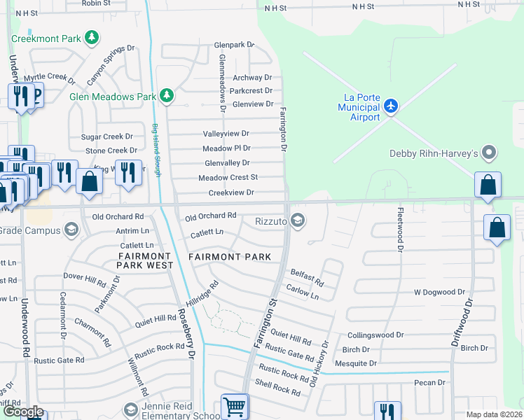map of restaurants, bars, coffee shops, grocery stores, and more near 10331 Old Orchard Road in La Porte