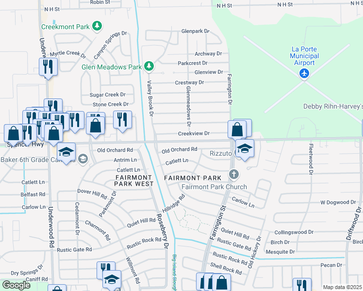 map of restaurants, bars, coffee shops, grocery stores, and more near 10235 Old Orchard Road in La Porte