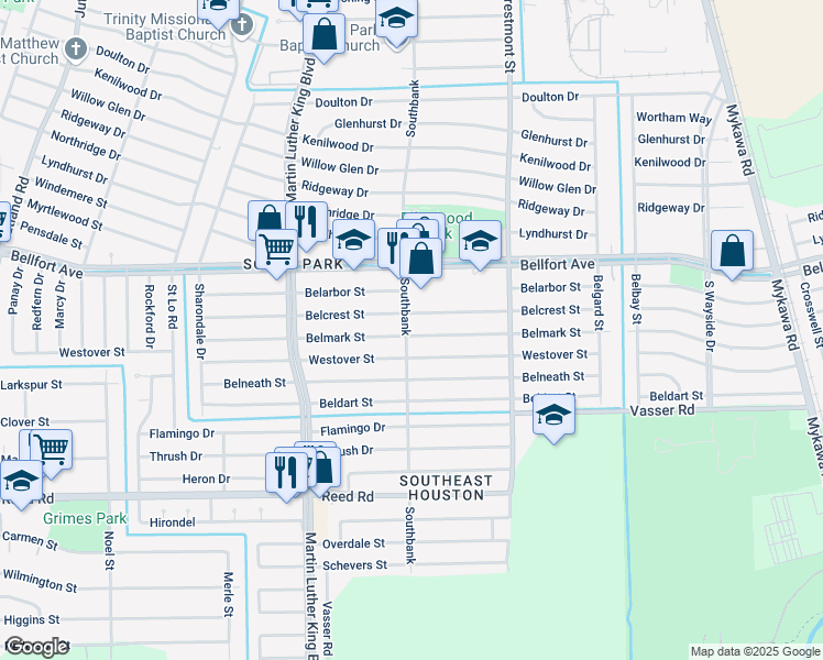 map of restaurants, bars, coffee shops, grocery stores, and more near 5803 Belmark Street in Houston