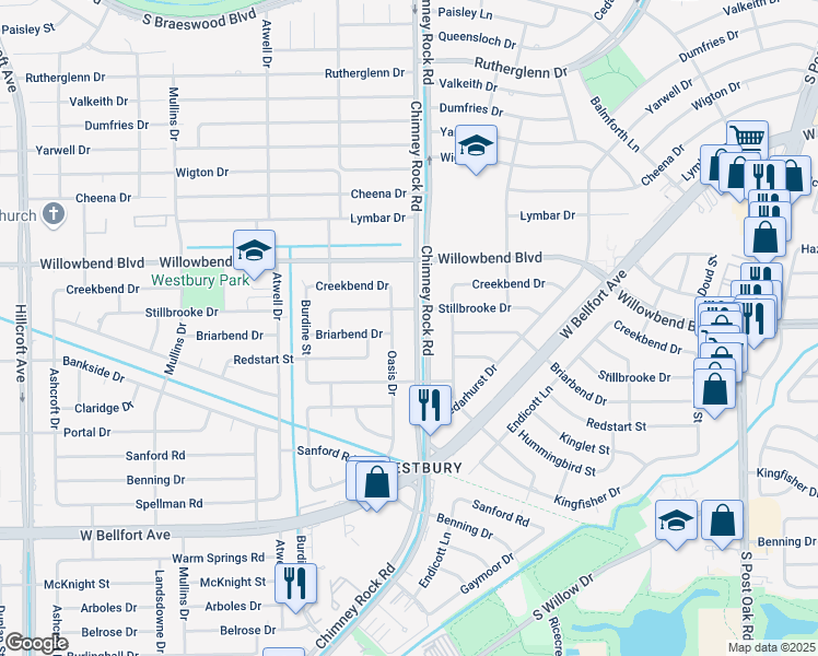 map of restaurants, bars, coffee shops, grocery stores, and more near 10715 Chimney Rock Road in Houston