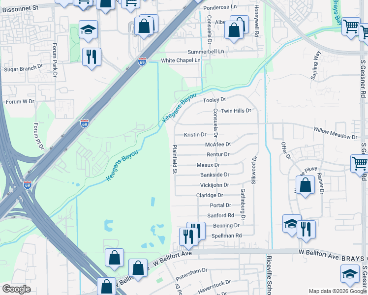 map of restaurants, bars, coffee shops, grocery stores, and more near 9423 McAfee Drive in Houston