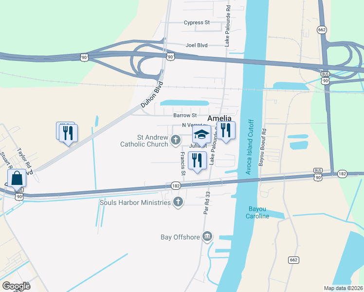 map of restaurants, bars, coffee shops, grocery stores, and more near 801 Julia Street in Morgan City