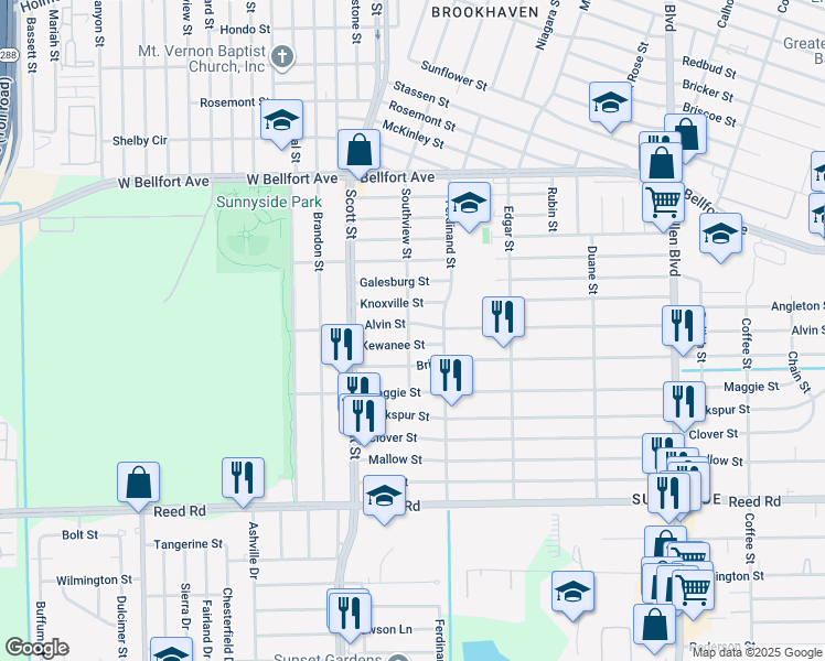 map of restaurants, bars, coffee shops, grocery stores, and more near 4202 Alvin Street in Houston