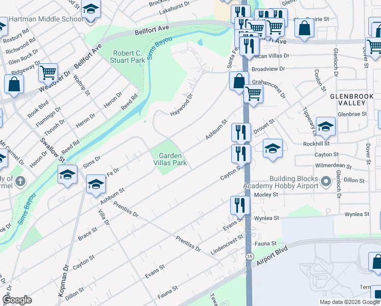 map of restaurants, bars, coffee shops, grocery stores, and more near 7420 Ashburn Street in Houston