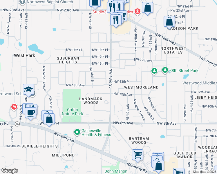 map of restaurants, bars, coffee shops, grocery stores, and more near 1221 Northwest 43rd Street in Gainesville