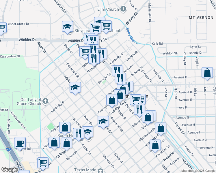 map of restaurants, bars, coffee shops, grocery stores, and more near 622 Virginia Avenue in South Houston