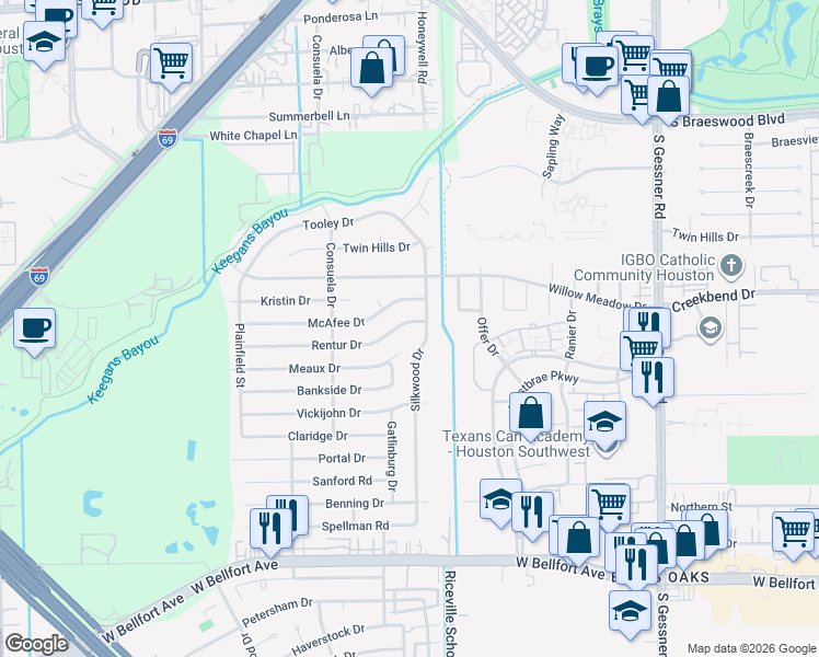 map of restaurants, bars, coffee shops, grocery stores, and more near 9115 Rentur Drive in Houston