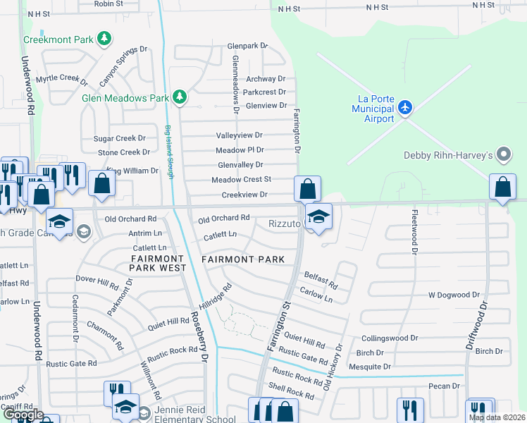 map of restaurants, bars, coffee shops, grocery stores, and more near 10307 Old Orchard Rd in La Porte