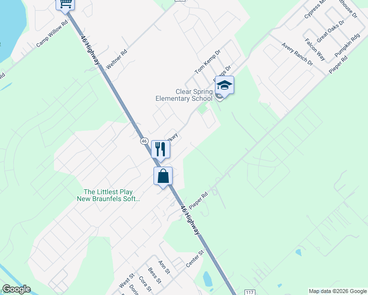 map of restaurants, bars, coffee shops, grocery stores, and more near 2246 Avery Village in New Braunfels
