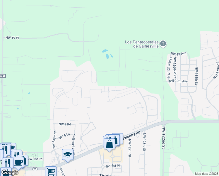 map of restaurants, bars, coffee shops, grocery stores, and more near 1265 Northwest 129th Drive in Newberry