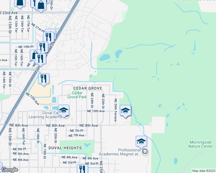 map of restaurants, bars, coffee shops, grocery stores, and more near 2525 Northeast 13th Avenue in Gainesville