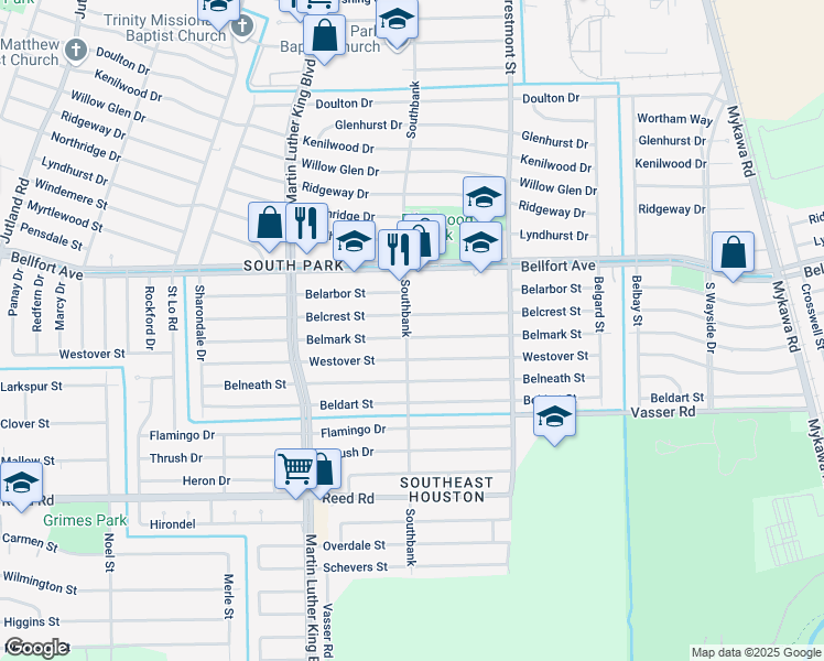 map of restaurants, bars, coffee shops, grocery stores, and more near 5803 Belmark Street in Houston