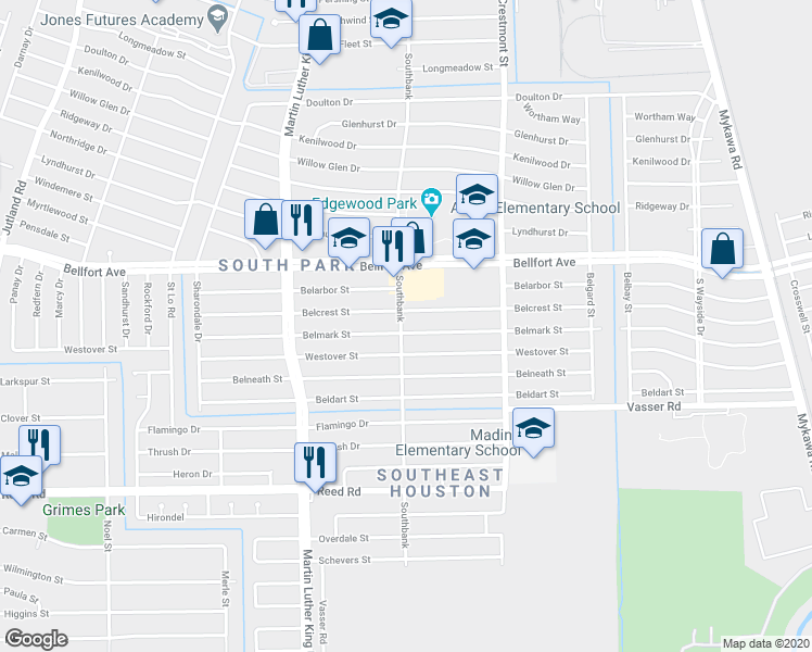 map of restaurants, bars, coffee shops, grocery stores, and more near 5803 Belmark St in Houston