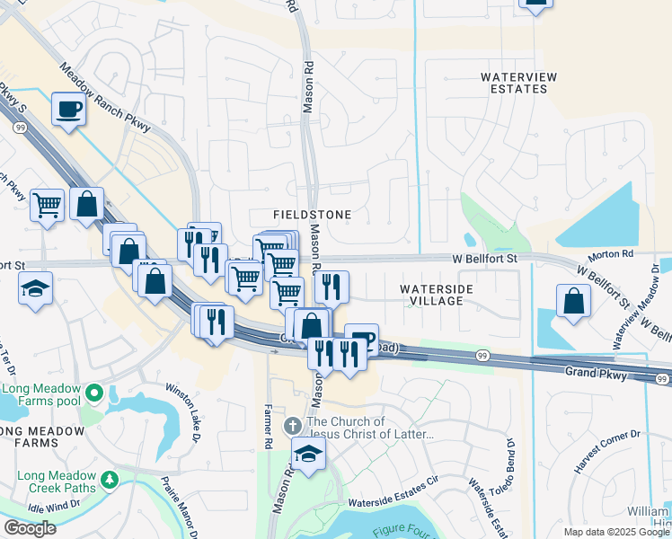 map of restaurants, bars, coffee shops, grocery stores, and more near 4919 Grapevine Lake Court in Richmond