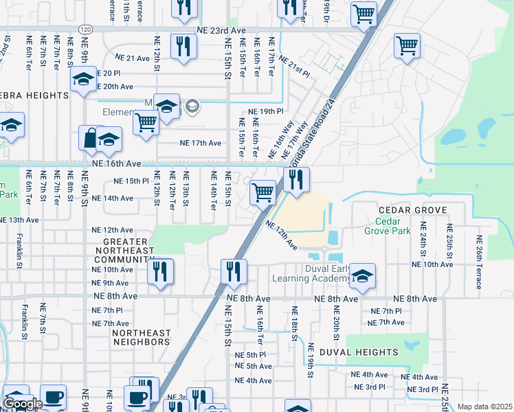 map of restaurants, bars, coffee shops, grocery stores, and more near 1600 Northeast 12th Avenue in Gainesville