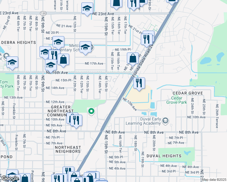 map of restaurants, bars, coffee shops, grocery stores, and more near 1551-1583 Northeast 13th Avenue in Gainesville